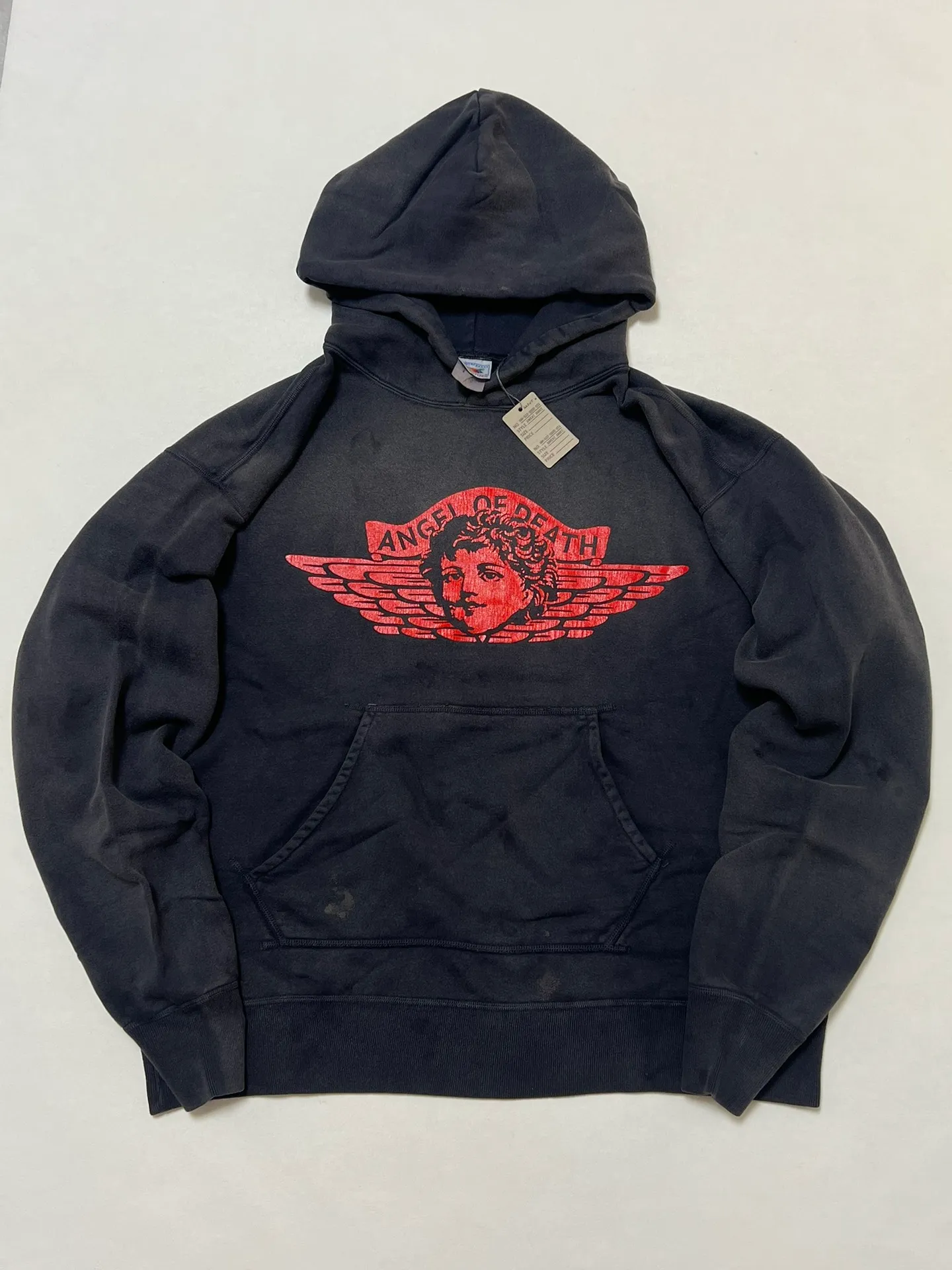 SAINT Mxxxxxx ANGEL HOODIE/BLK Angel Rebirth Crack Printed Retro Distressed Hoodie Assute dyeing, full-length spray-on fade, heavy fermentation wash, NEW VINTAGE texture, factory four-needle and six-thread workmanship, boneless patchwork, more comfortable to wear, genuine level crack print/accessories restored
